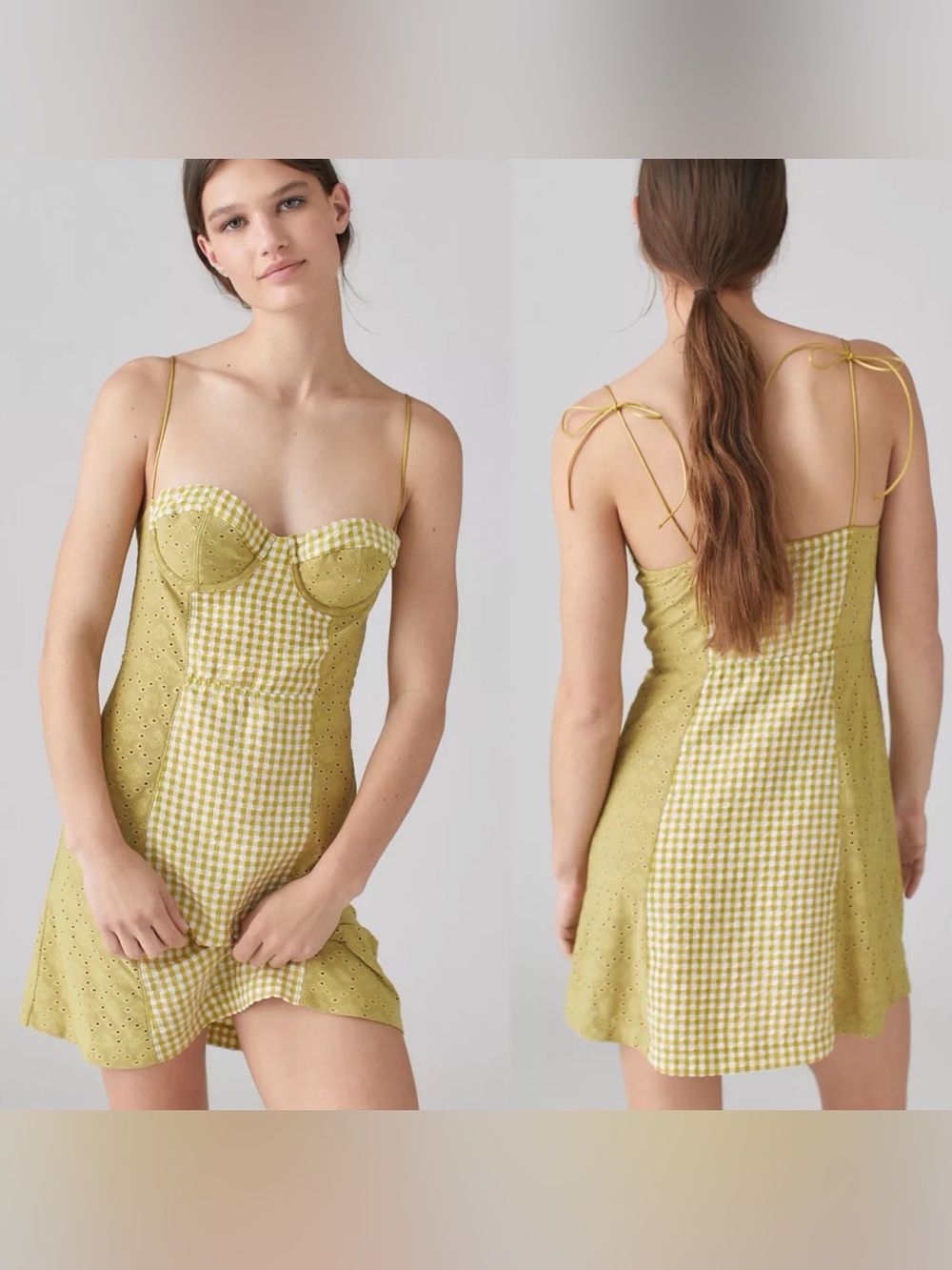 Urban Outfitters Felicity Eyelet Bustier Mini Dress - Plaid - Green/White - Sz M